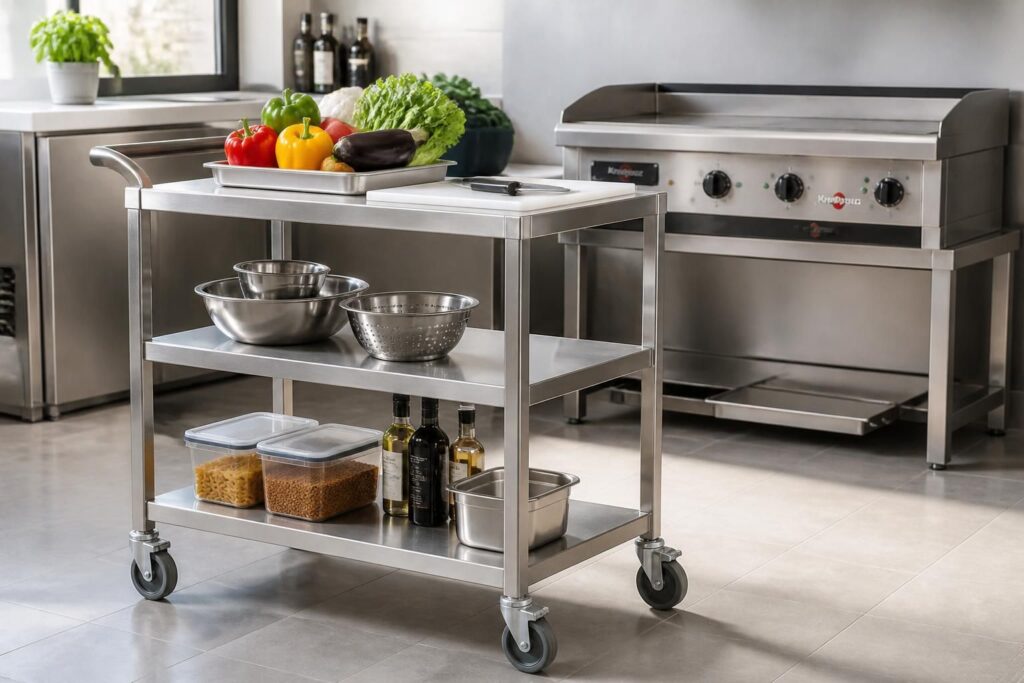 découvrez nos chariots inox à roulettes, idéaux pour faciliter vos déplacements en cuisine et autour de la plancha. pratiques, robustes et mobiles, ils optimisent votre espace de travail.