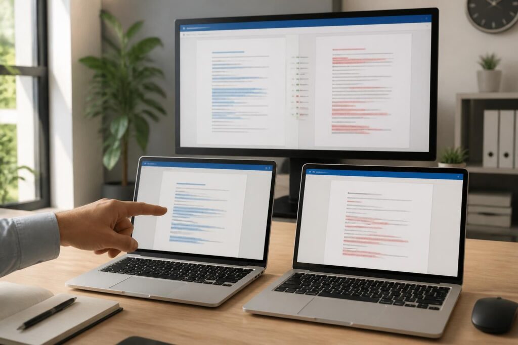 comparez facilement deux documents word en ligne pour détecter rapidement toutes les différences et modifications entre vos fichiers.